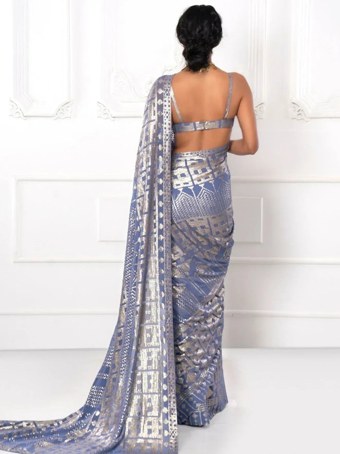 Tulsi Art Glamorous Grey Sequins Georgette Cocktail Party Wear Saree