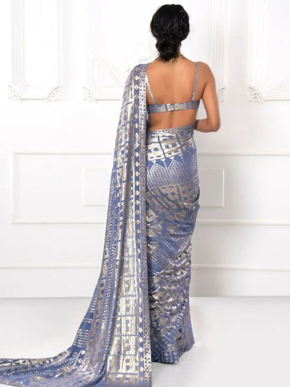 Tulsi Art Glamorous Grey Sequins Georgette Cocktail Party Wear Saree