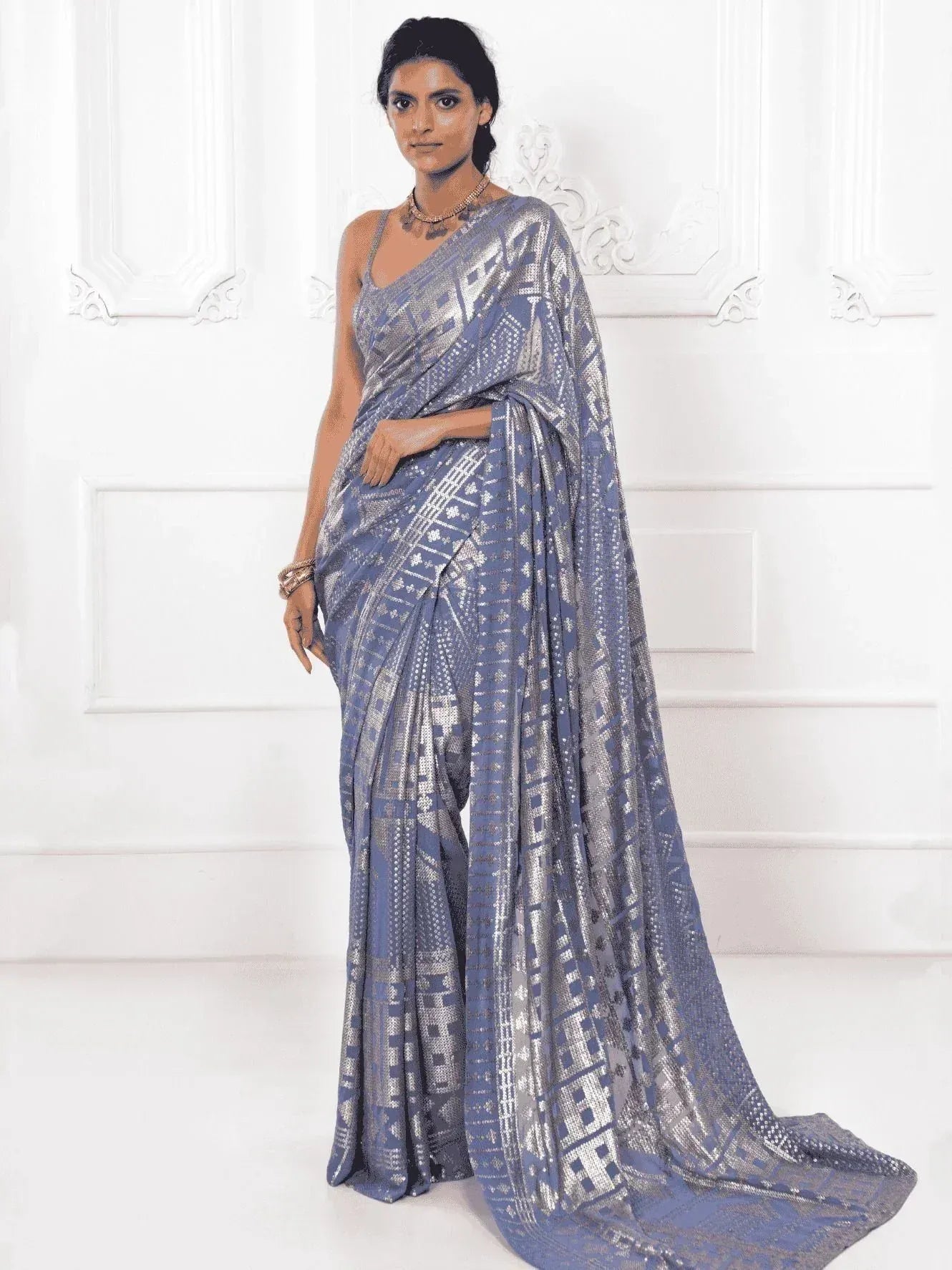 Tulsi Art Glamorous Grey Sequins Georgette Cocktail Party Wear Saree