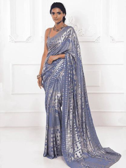 Tulsi Art Glamorous Grey Sequins Georgette Cocktail Party Wear Saree