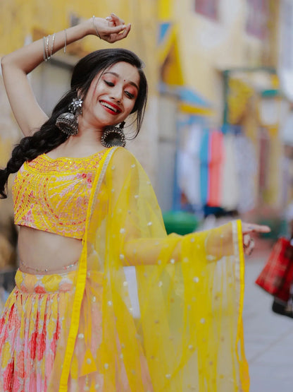 Tulsi Art Attractive Yellow Printed Organza Haldi Wear Lehenga Choli With Dupatta