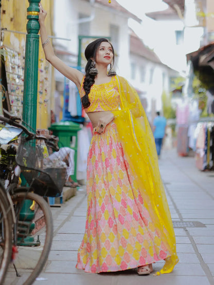 Tulsi Art Attractive Yellow Printed Organza Haldi Wear Lehenga Choli With Dupatta