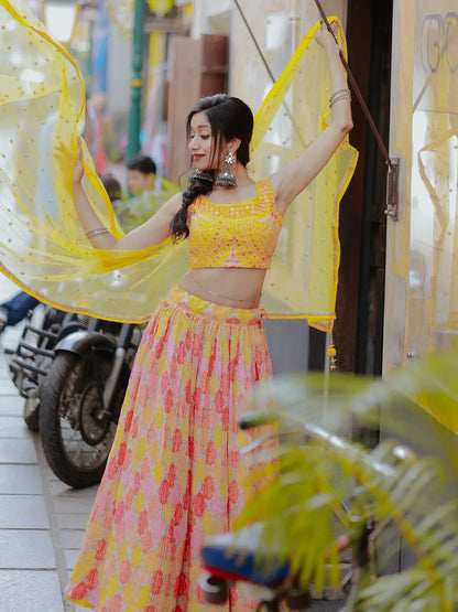 Tulsi Art Attractive Yellow Printed Organza Haldi Wear Lehenga Choli With Dupatta