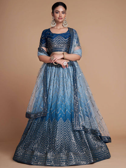 Tulsi Art Adorable Blue Sequins Chinon Sangeet Wear Lehenga Choli With Dupatta