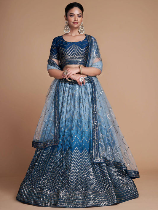 Tulsi Art Adorable Blue Sequins Chinon Sangeet Wear Lehenga Choli With Dupatta