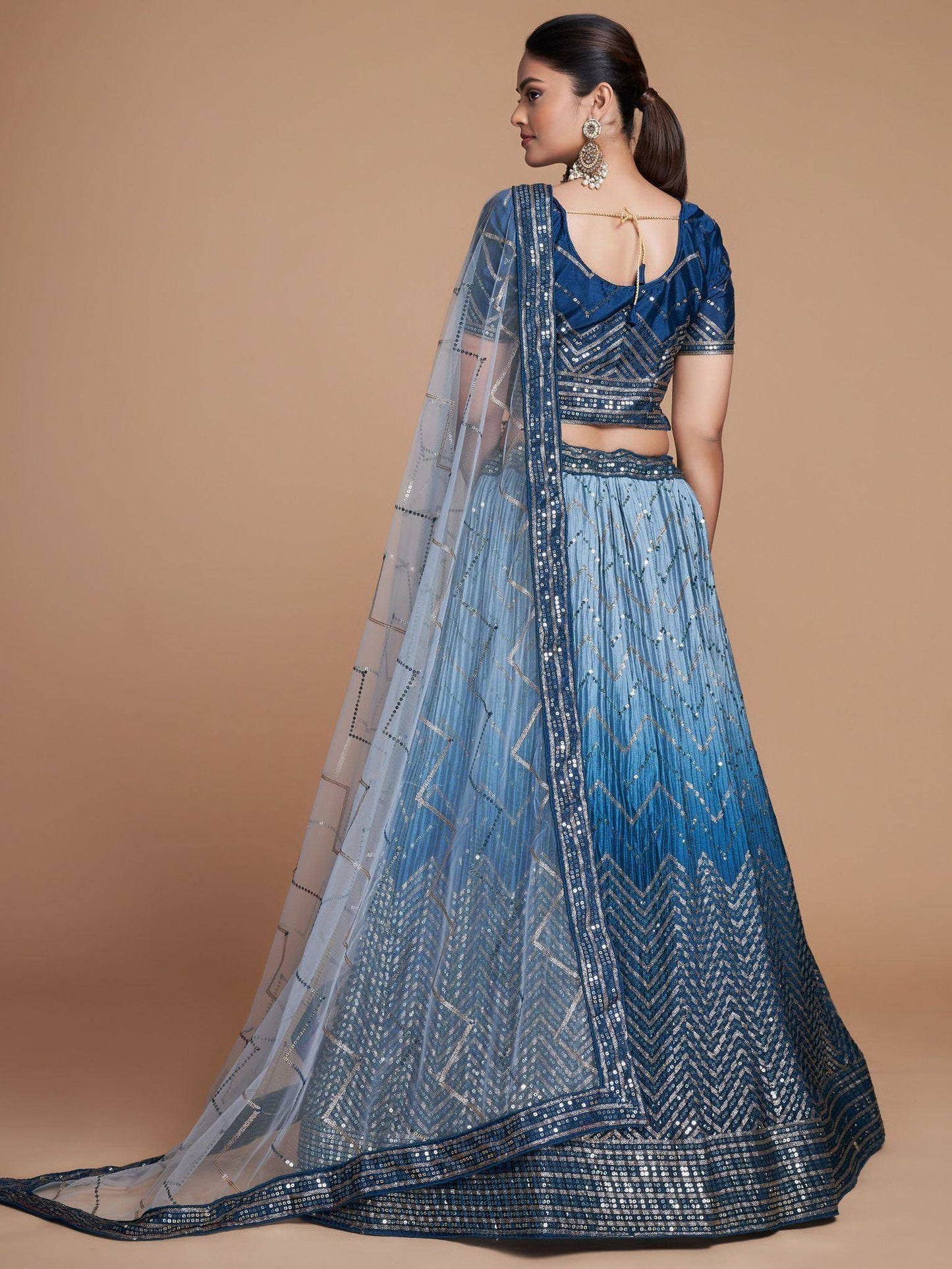 Tulsi Art Adorable Blue Sequins Chinon Sangeet Wear Lehenga Choli With Dupatta