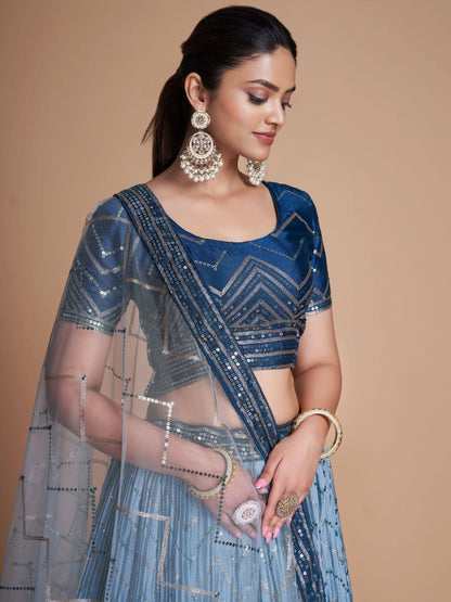 Tulsi Art Adorable Blue Sequins Chinon Sangeet Wear Lehenga Choli With Dupatta