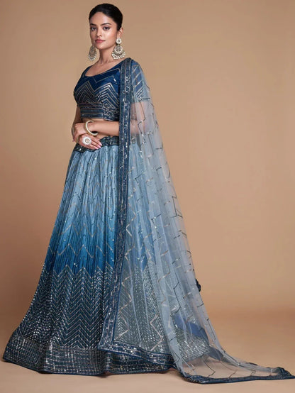 Tulsi Art Adorable Blue Sequins Chinon Sangeet Wear Lehenga Choli With Dupatta