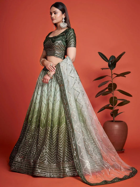 Tulsi Art Alluring Green Sequins Chinon Mehendi Wear Lehenga Choli With Dupatta