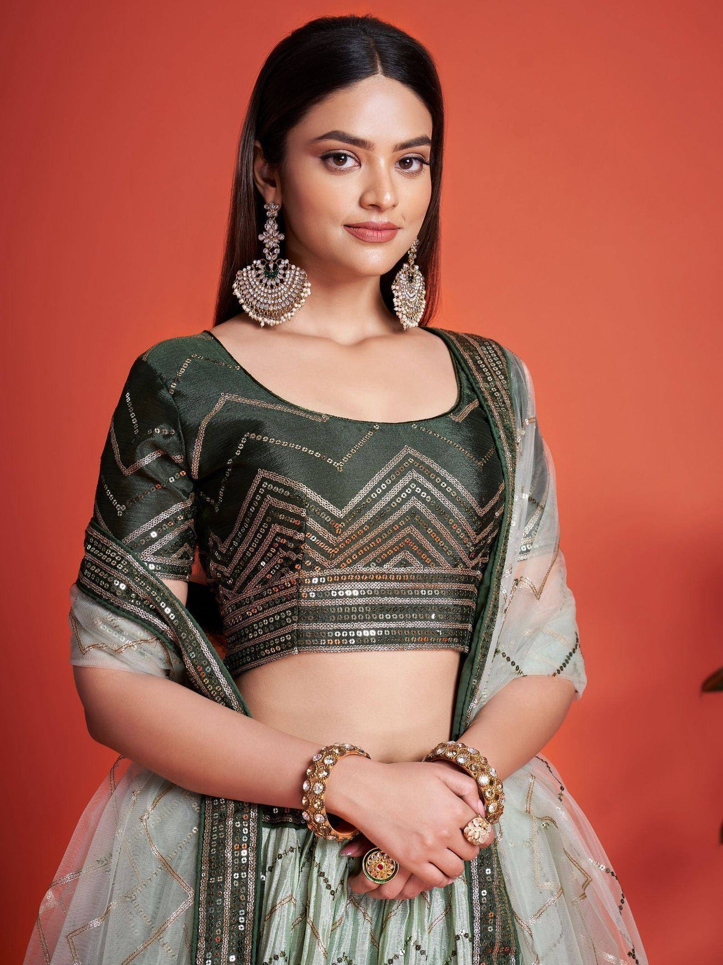 Tulsi Art Alluring Green Sequins Chinon Mehendi Wear Lehenga Choli With Dupatta
