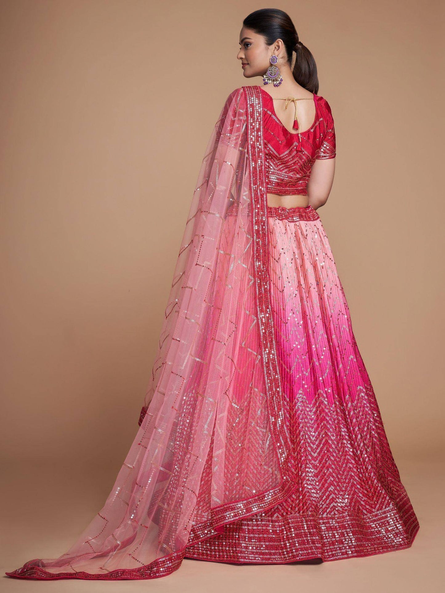 Tulsi Art Gorgeous Pink Sequins Chinon Bridesmaid Lehenga Choli With Dupatta