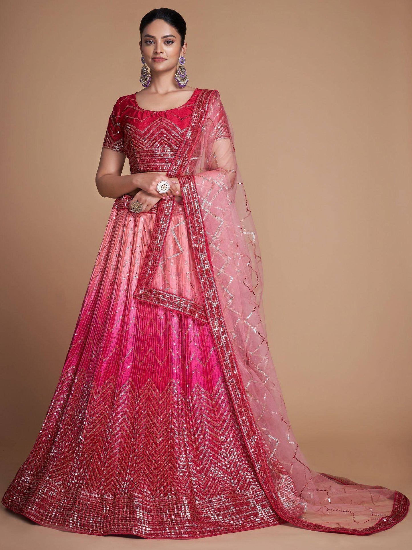 Tulsi Art Gorgeous Pink Sequins Chinon Bridesmaid Lehenga Choli With Dupatta