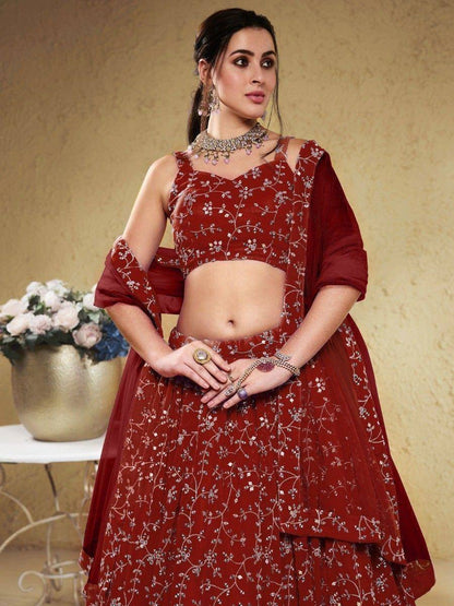 Tulsi Art Stunning Red Embroidered Georgette Wedding Wear Lehenga Choli