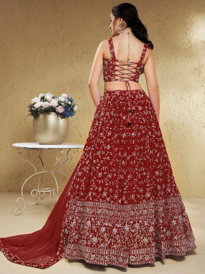 Tulsi Art Stunning Red Embroidered Georgette Wedding Wear Lehenga Choli