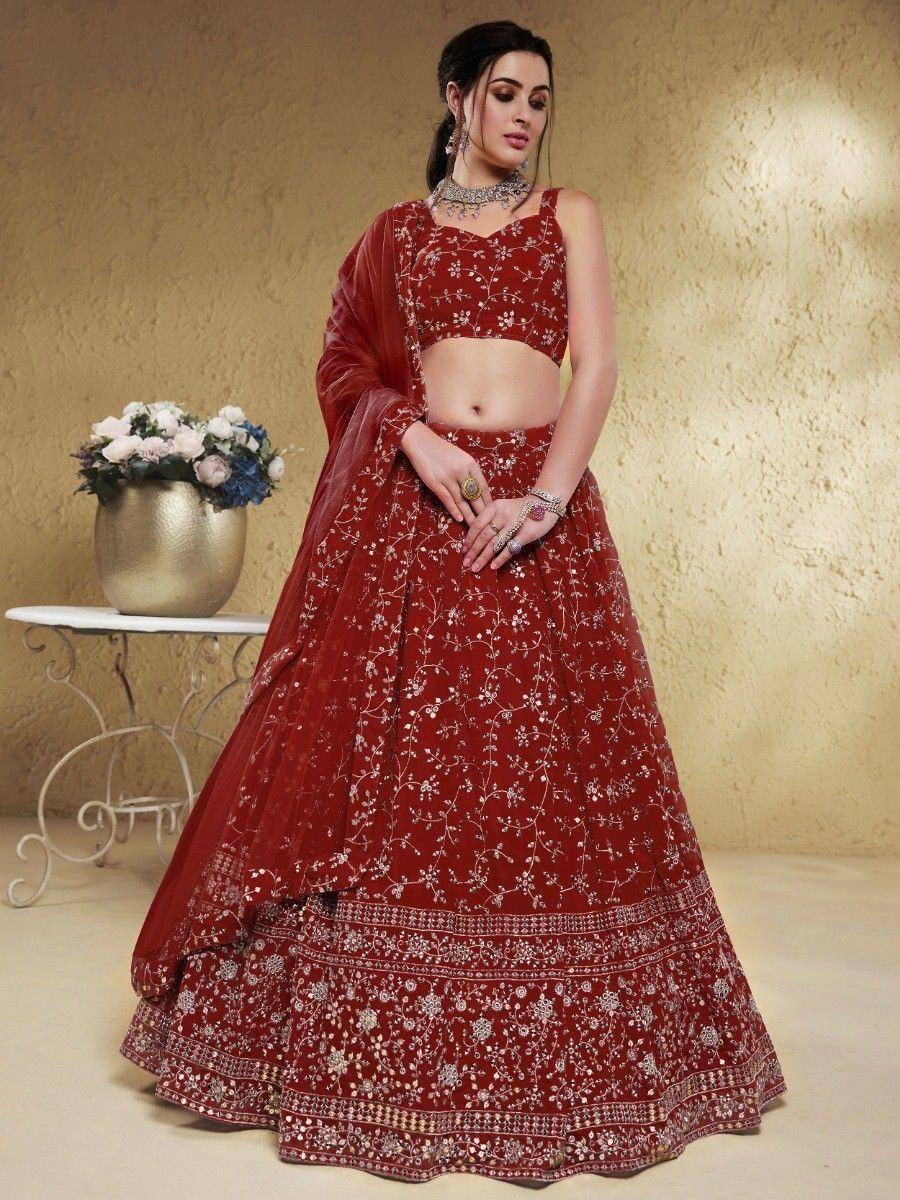 Tulsi Art Stunning Red Embroidered Georgette Wedding Wear Lehenga Choli