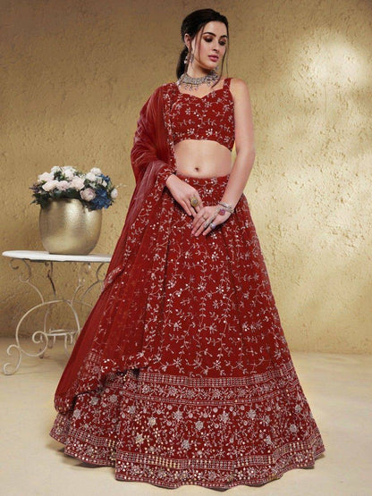 Tulsi Art Stunning Red Embroidered Georgette Wedding Wear Lehenga Choli