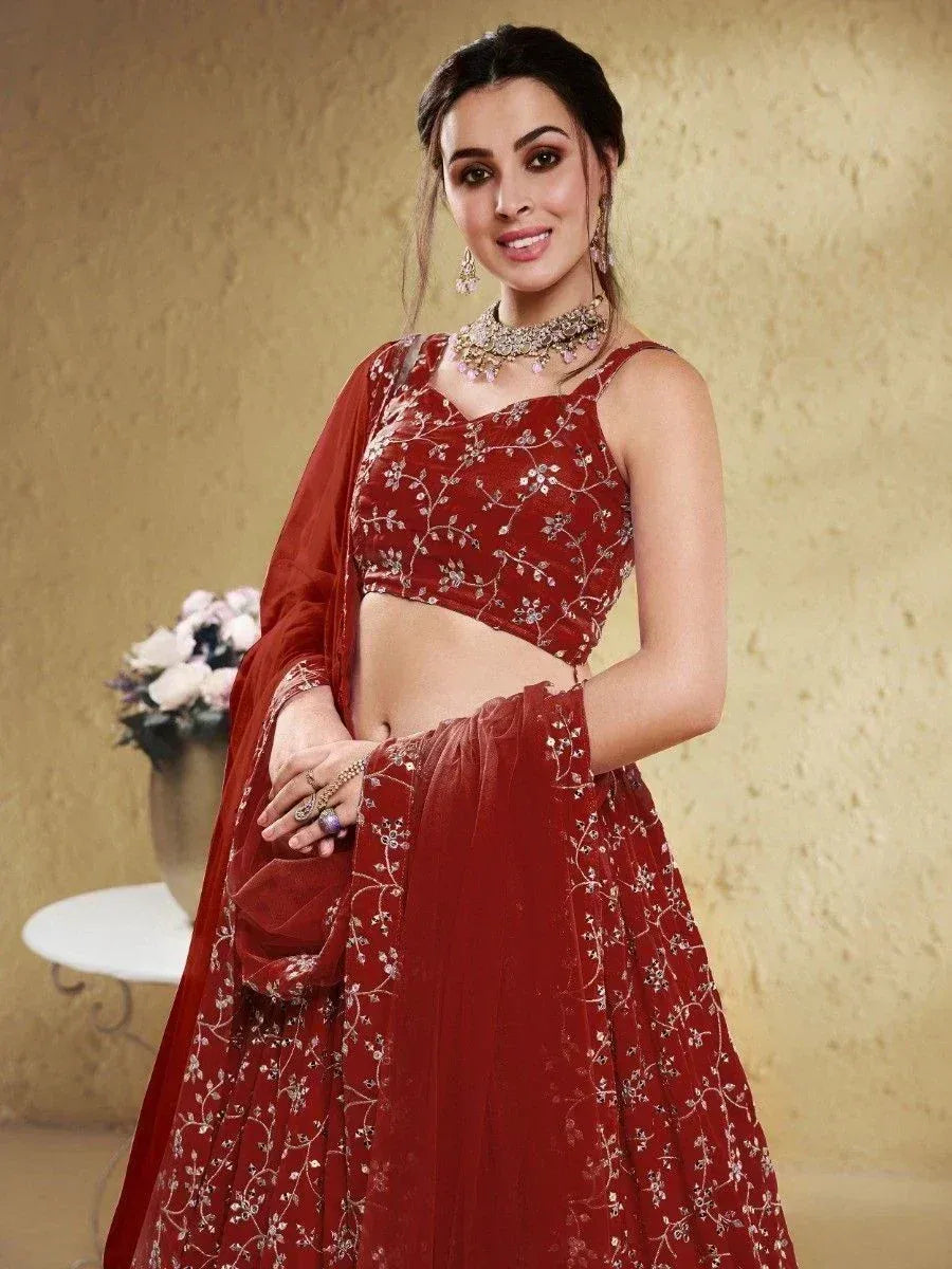 Tulsi Art Stunning Red Embroidered Georgette Wedding Wear Lehenga Choli