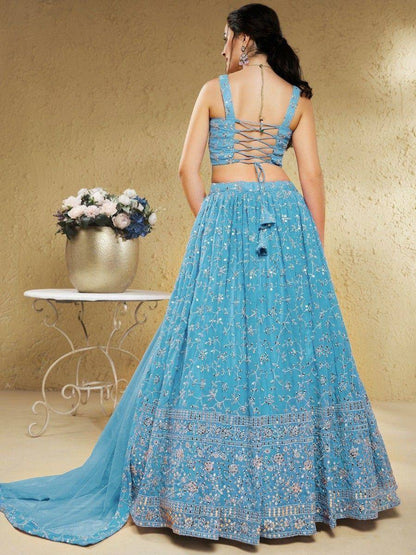 Tulsi Art Lovely Sky-Blue Embroidered Georgette Engagement Wear Lehenga Choli
