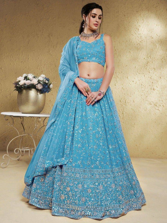 Tulsi Art Lovely Sky-Blue Embroidered Georgette Engagement Wear Lehenga Choli