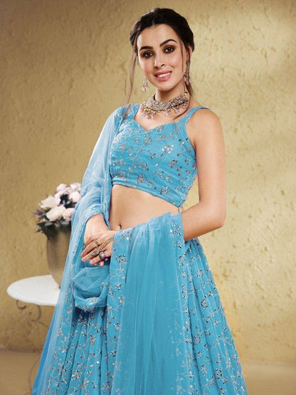 Tulsi Art Lovely Sky-Blue Embroidered Georgette Engagement Wear Lehenga Choli