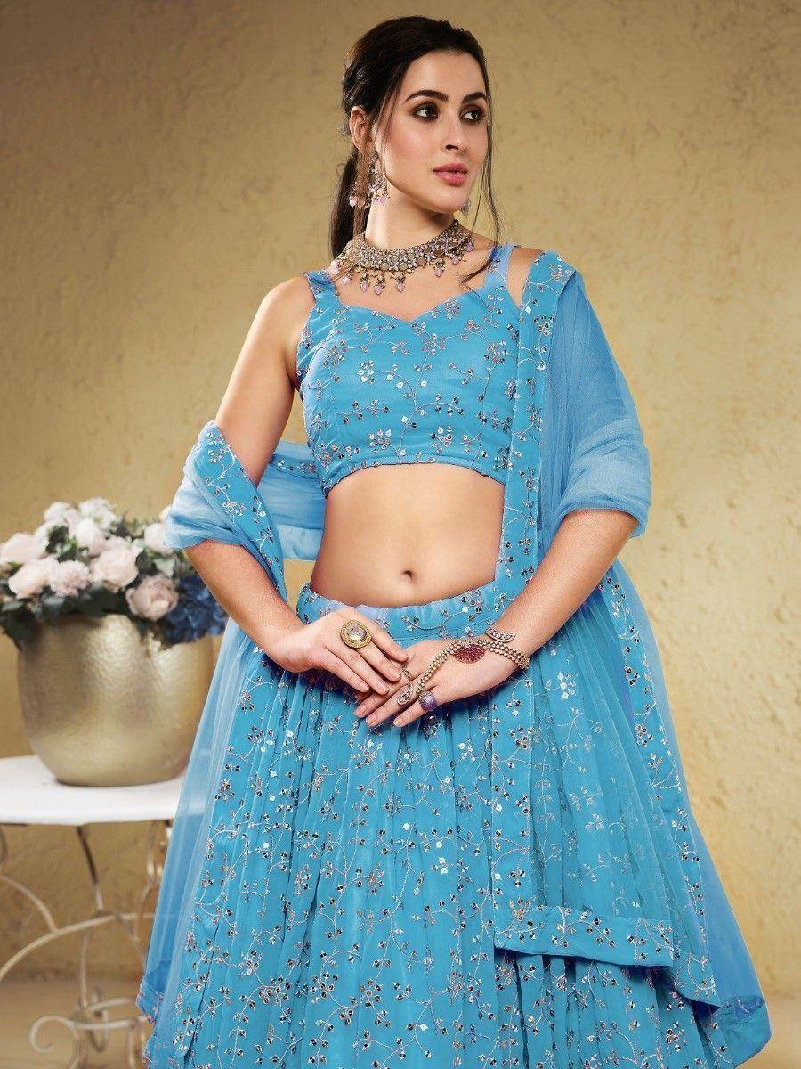 Tulsi Art Lovely Sky-Blue Embroidered Georgette Engagement Wear Lehenga Choli