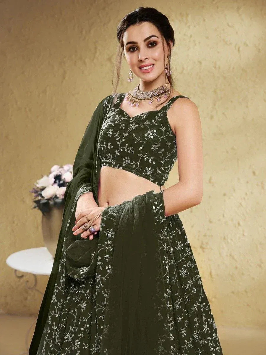 Tulsi Art Astonishing Green Embroidered Georgette Mehendi Wear Lehenga Choli