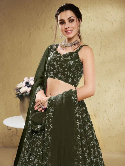 Tulsi Art Astonishing Green Embroidered Georgette Mehendi Wear Lehenga Choli