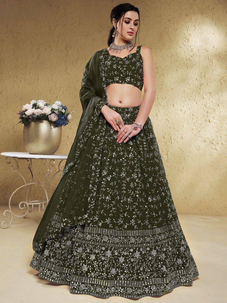 Tulsi Art Astonishing Green Embroidered Georgette Mehendi Wear Lehenga Choli