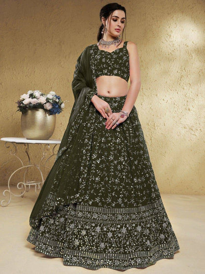 Tulsi Art Astonishing Green Embroidered Georgette Mehendi Wear Lehenga Choli
