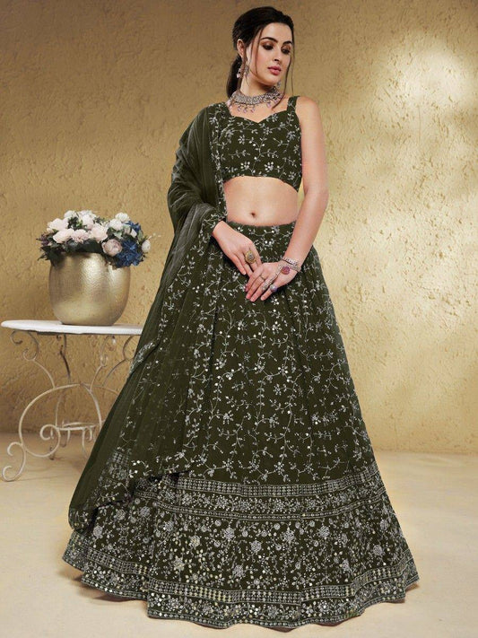 Tulsi Art Astonishing Green Embroidered Georgette Mehendi Wear Lehenga Choli