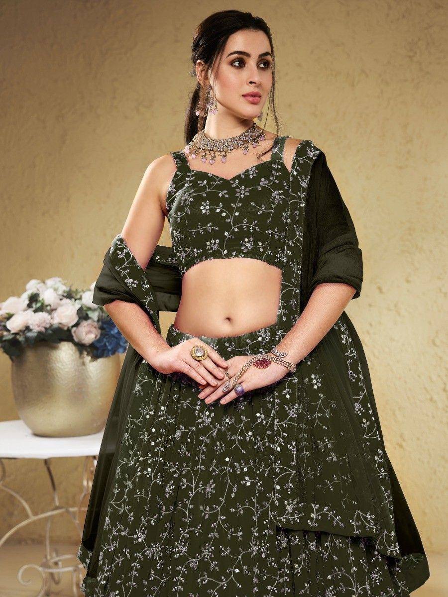 Tulsi Art Astonishing Green Embroidered Georgette Mehendi Wear Lehenga Choli