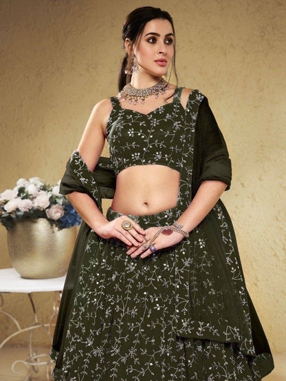 Tulsi Art Astonishing Green Embroidered Georgette Mehendi Wear Lehenga Choli