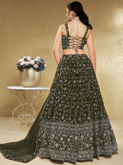 Tulsi Art Astonishing Green Embroidered Georgette Mehendi Wear Lehenga Choli
