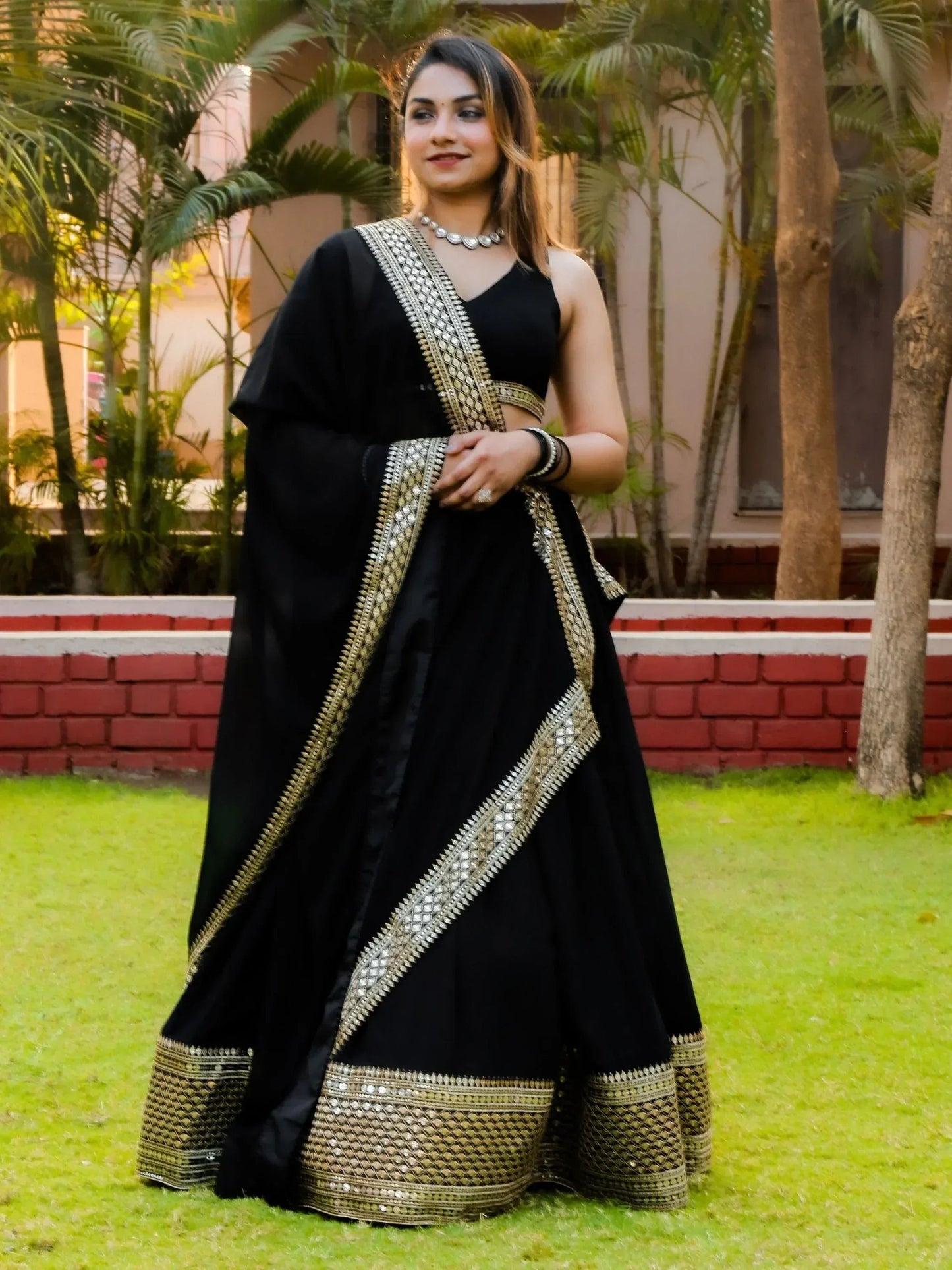 Tulsi Art Pretty Black Heavy Lace Work Georgette Reception Wear Lehenga Choli