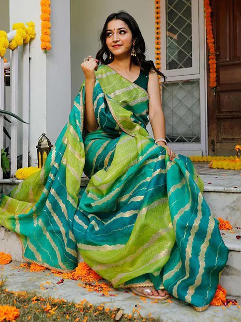 Tulsi Art Charming Blue & Green Leheriya Printed Cotton Function Wear Saree