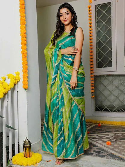 Tulsi Art Charming Blue & Green Leheriya Printed Cotton Function Wear Saree
