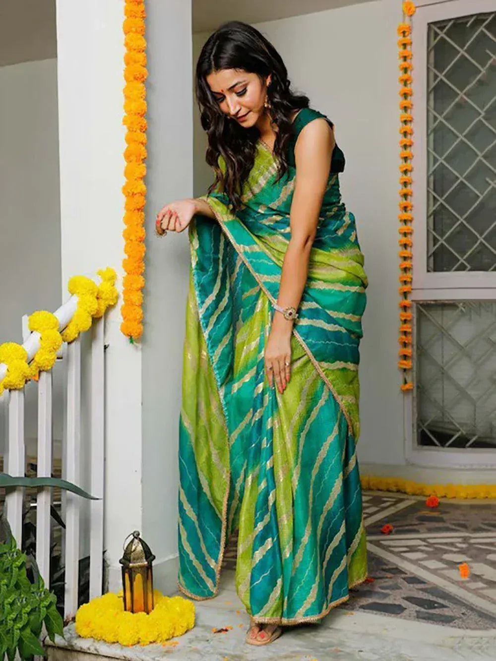 Tulsi Art Charming Blue & Green Leheriya Printed Cotton Function Wear Saree