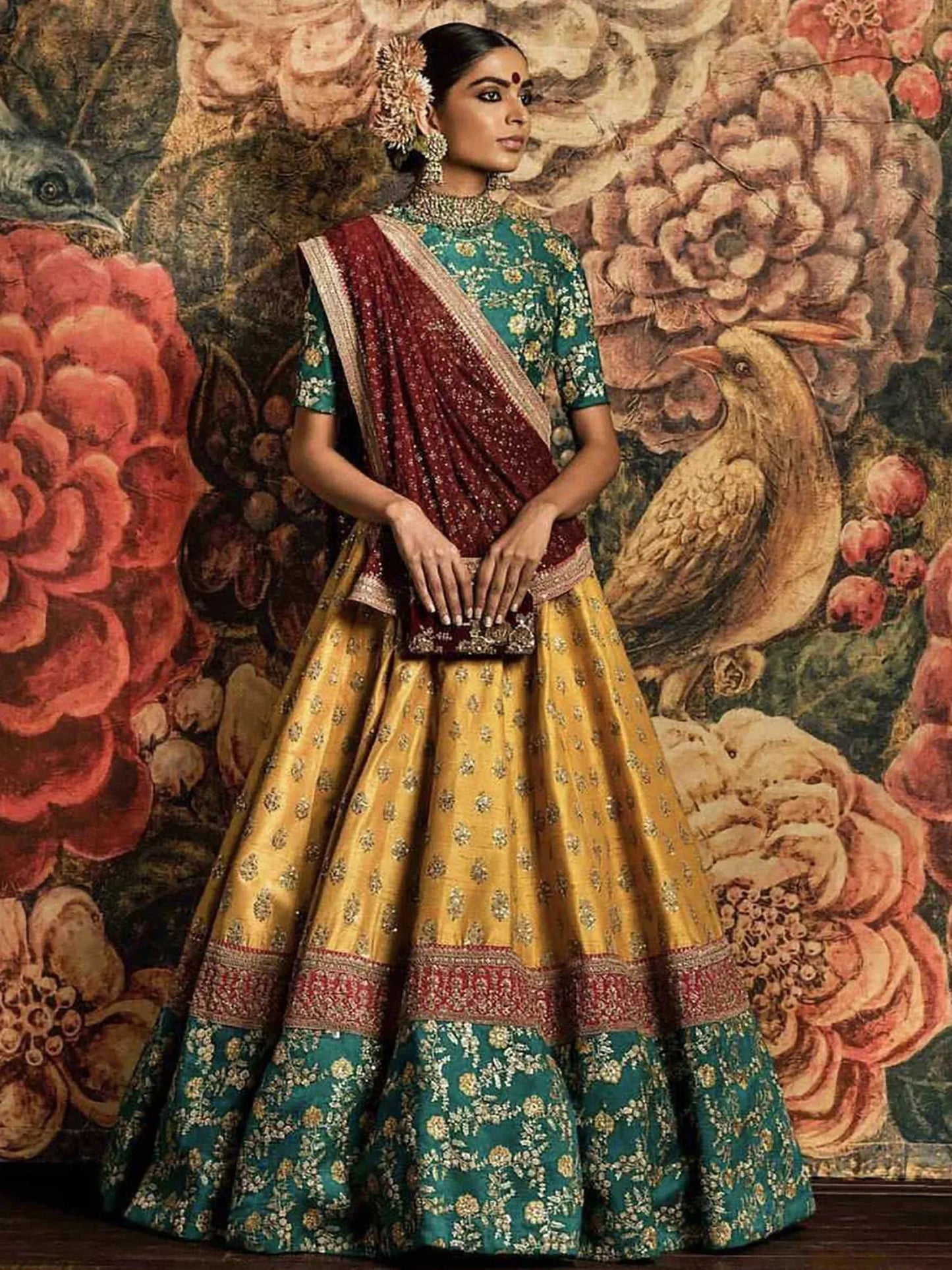 Tulsi Art Sabyasachi Teal Green-Yellow Bridal Lehenga Choli With Dupatta