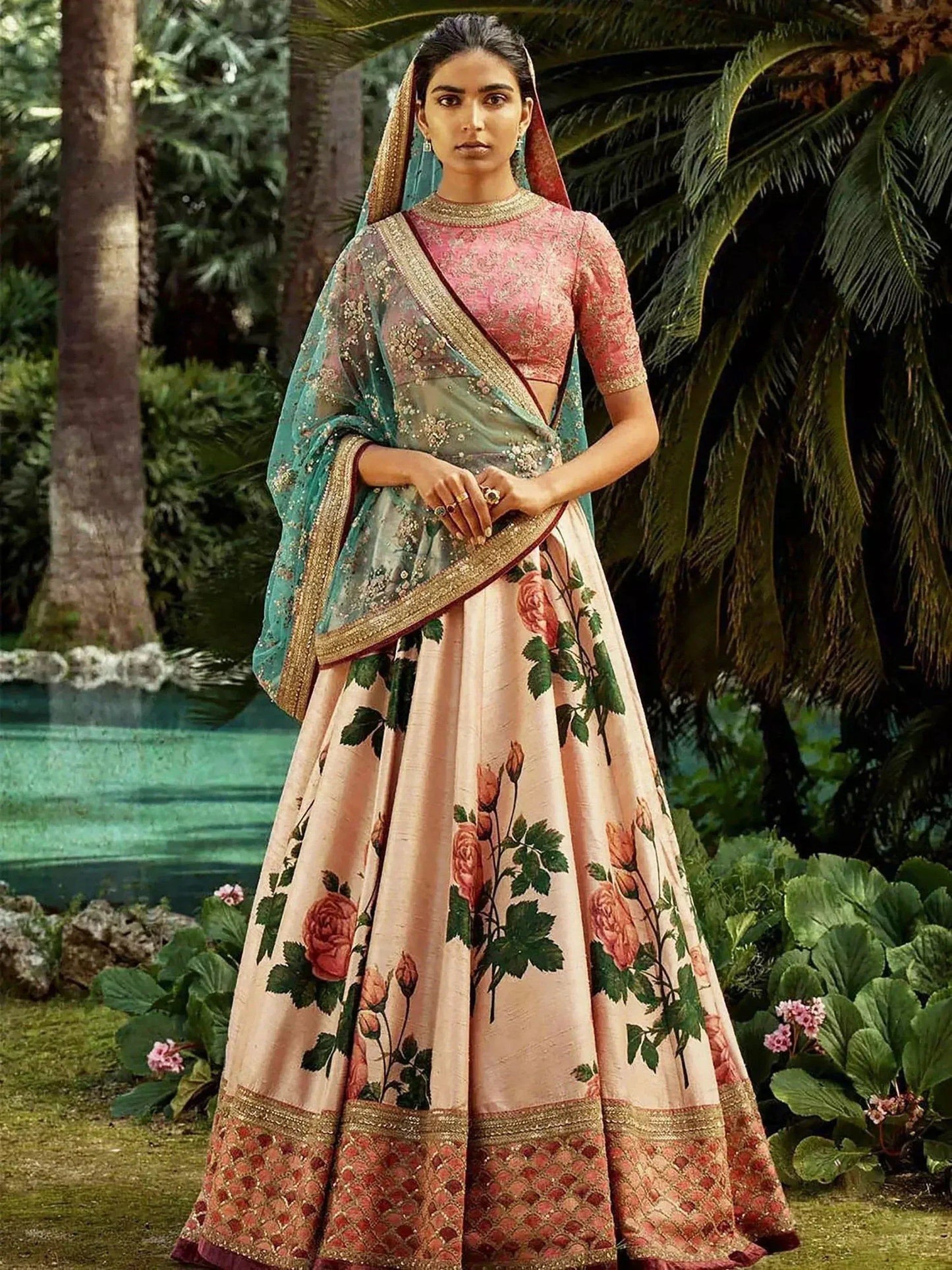 Tulsi Art Sabyasachi Pink Rose Digital Floral Print Silk Lehenga Choli