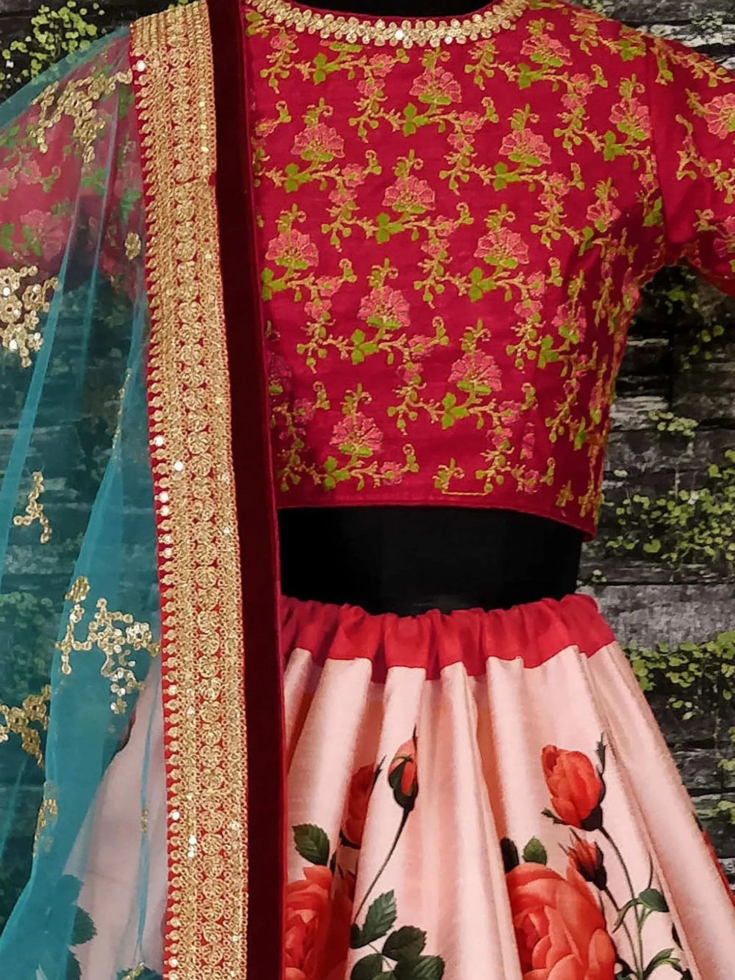 Tulsi Art Sabyasachi Pink Rose Digital Floral Print Silk Lehenga Choli