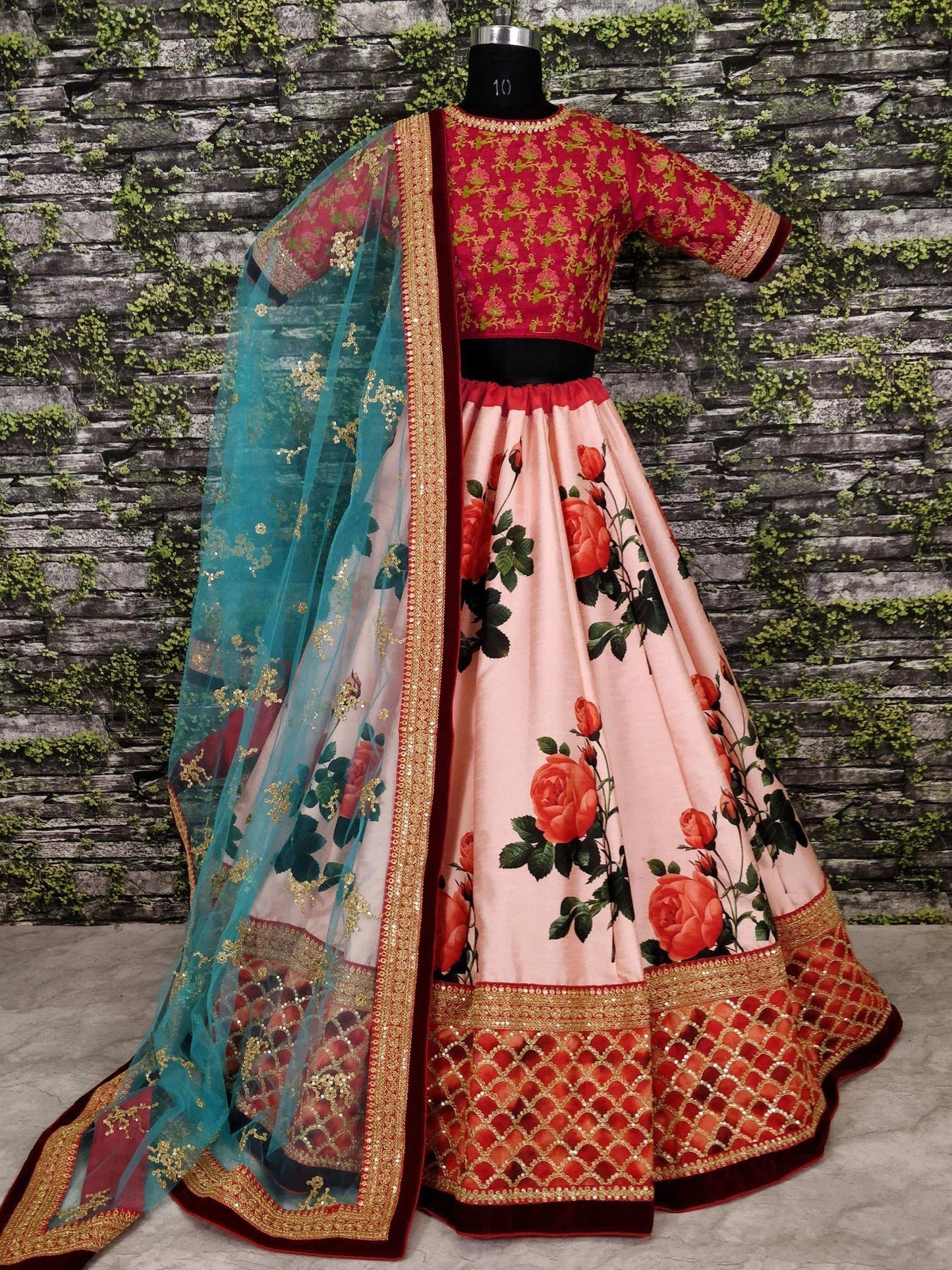 Tulsi Art Sabyasachi Pink Rose Digital Floral Print Silk Lehenga Choli