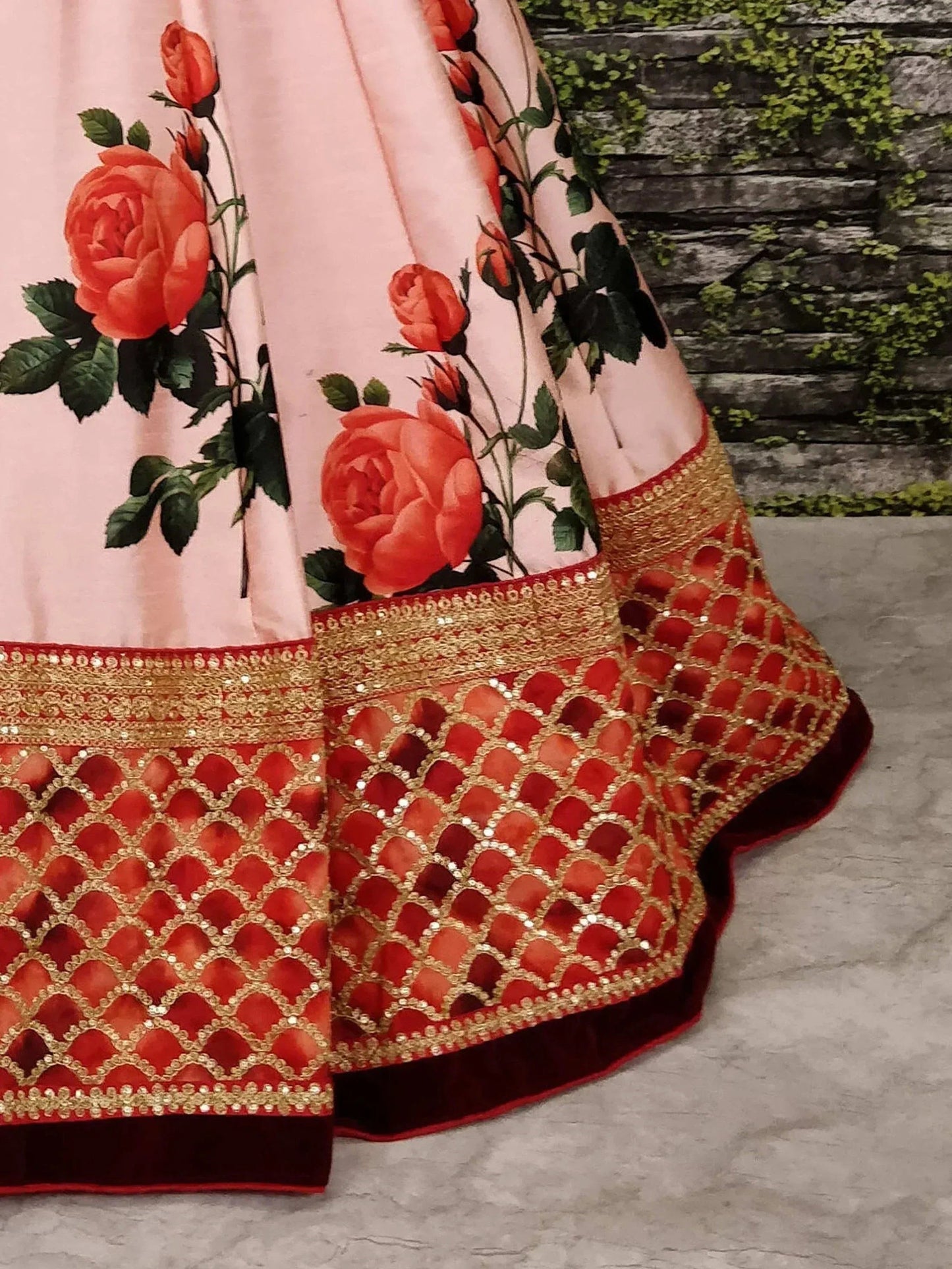Tulsi Art Sabyasachi Pink Rose Digital Floral Print Silk Lehenga Choli