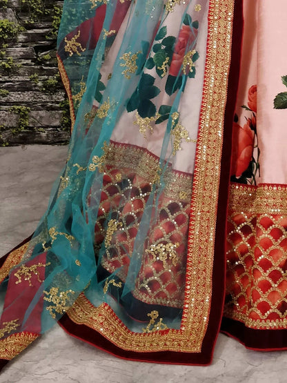 Tulsi Art Sabyasachi Pink Rose Digital Floral Print Silk Lehenga Choli
