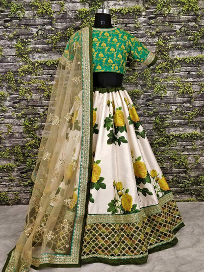 Tulsi Art Off White-Yellow Rose Floral Print Silk Lehenga Choli