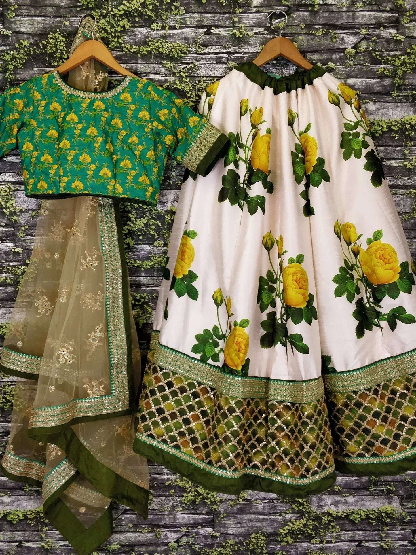 Tulsi Art Off White-Yellow Rose Floral Print Silk Lehenga Choli