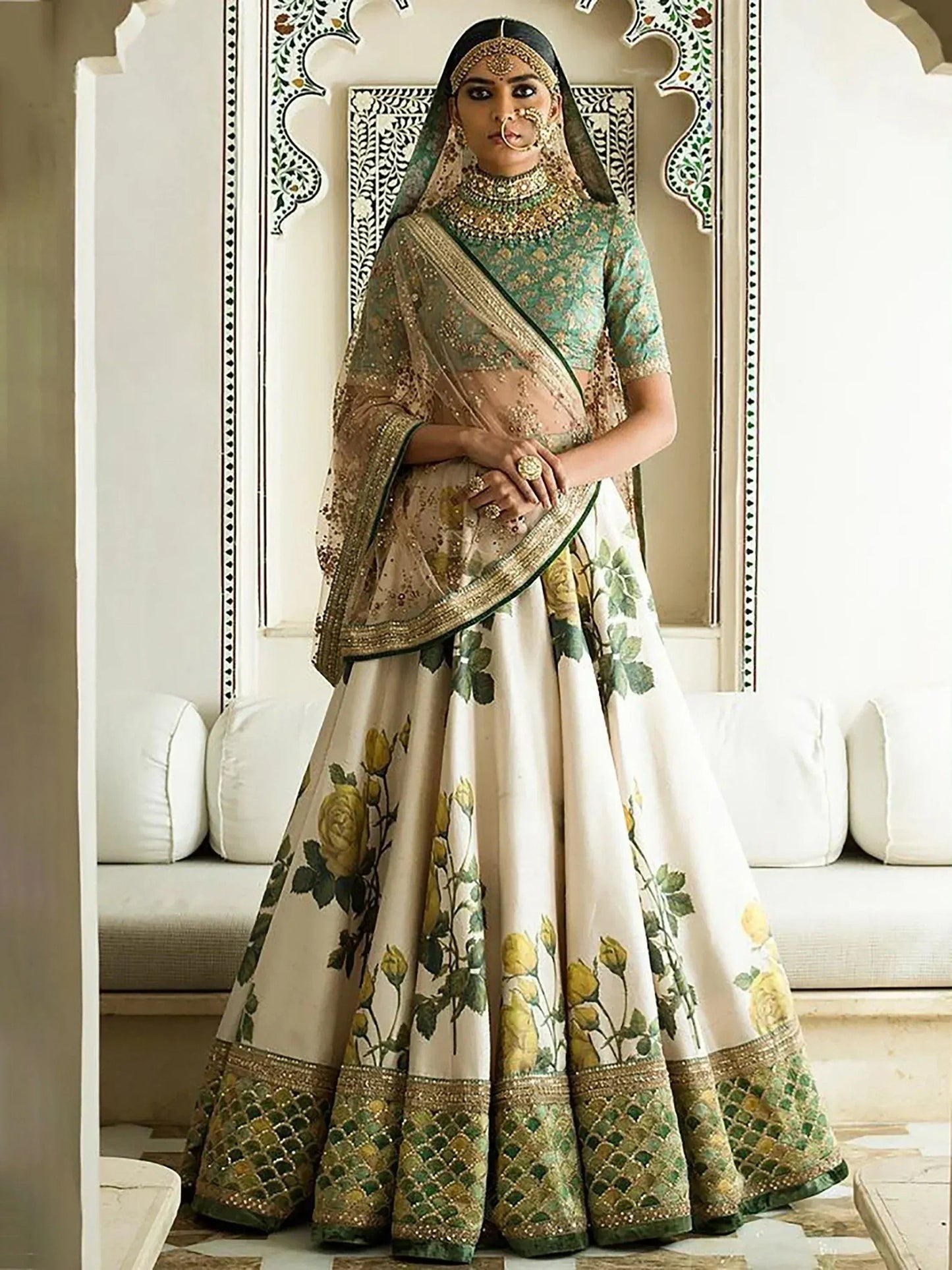 Tulsi Art Off White-Yellow Rose Floral Print Silk Lehenga Choli