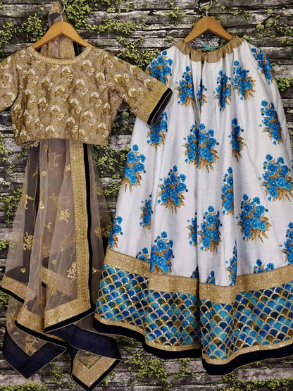 Tulsi Art Off-White Flower Print Silk Wedding Lehenga Choli