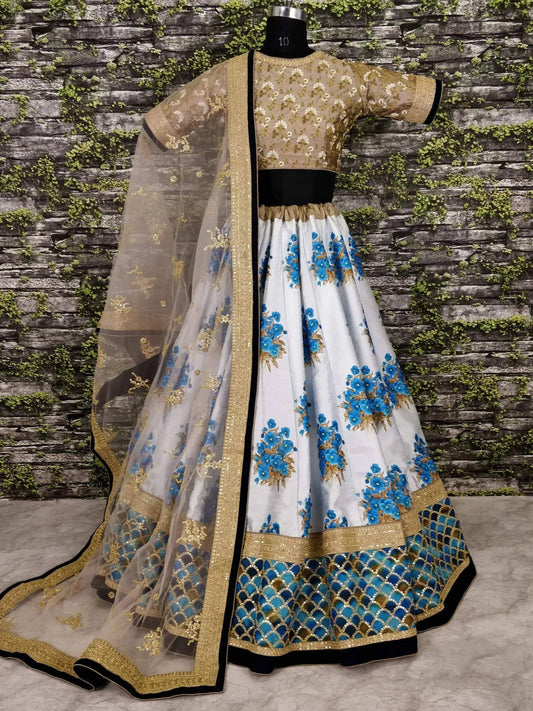 Tulsi Art Off-White Flower Print Silk Wedding Lehenga Choli