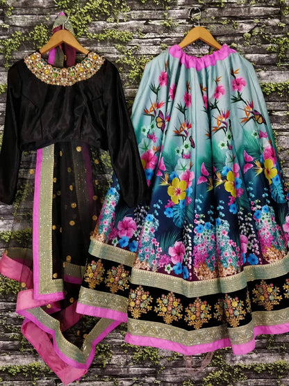 Tulsi Art Beautiful Blue Floral Printed Silk Wedding Lehenga Choli With Dupatta