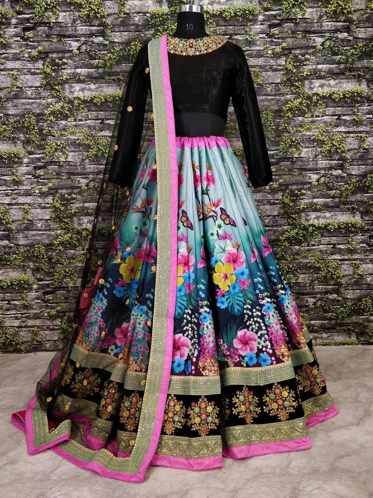 Tulsi Art Beautiful Blue Floral Printed Silk Wedding Lehenga Choli With Dupatta